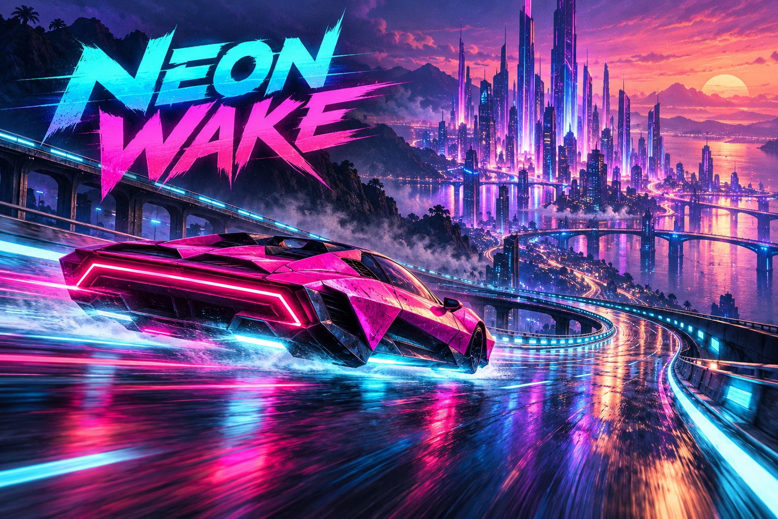 A pink hovercar races through a neon city